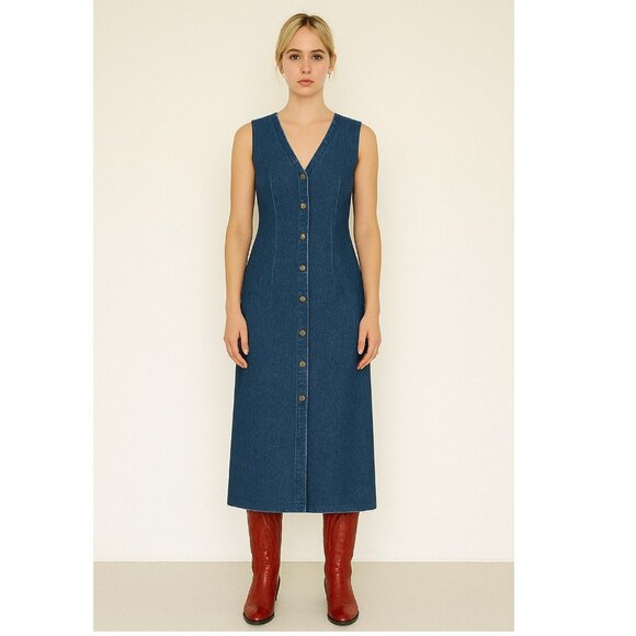 Vintage Dresses & Skirts - VTG Apache Dark Denim 100% Cotton Button Down Maxi Dress Size Medium